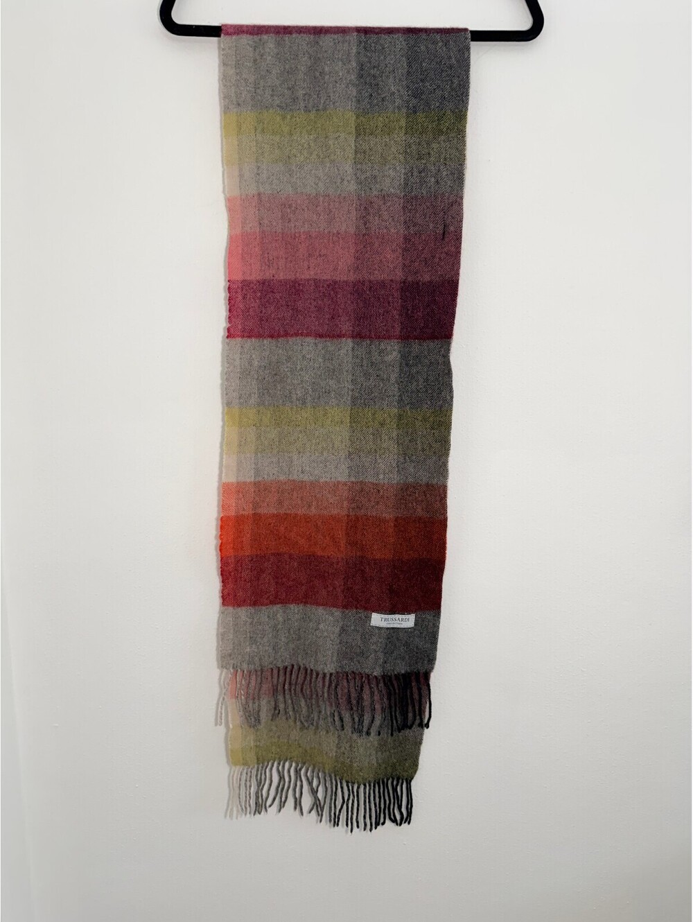 Trussardi Collection 100% Wool Plaid Fringe Scarf Made in Italy Multicolor